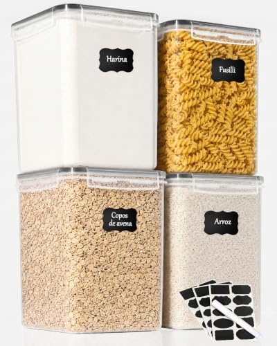 GoMaihe 5.2L Groß Vorratsdosen mit Deckel: 4er Mehl Behälter mit Etiketten & Marker | Luftdicht Aufbewahrungsbox Küche Ideal für 5lb Zucker, Müsli, Cornflakes| BPA-FREI | Spülmaschinenfest