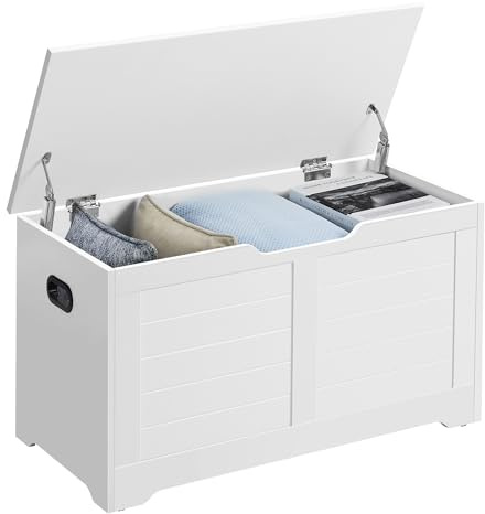 VASAGLE Schuhbank, Sitzbank mit Stauraum, Sitztruhe mit 2 Sicherheitsscharnieren, Aufbewahrungsschrank, Landhausstil, 40 x 80 x 46 cm, für Flur, Schlafzimmer, Wohnzimmer, wolkenweiß LSB063T14
