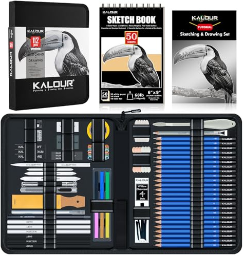 KALOUR PDAS 112-teiliges Zeichen-Set mit Skizzenbuch, Graphit- und Kohlestiften, Künstlerbedarf für Erwachsene, Jugendliche und Anfänger, Ideal zum Schattieren und Mischen