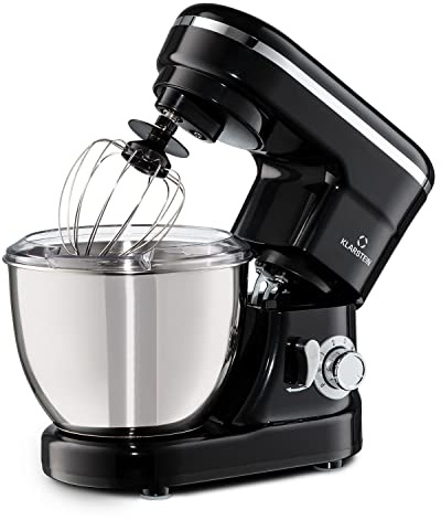 Klarstein Bella Küchenmaschine - Knetmaschine mit 6 Geschwindigkeitsstufen, Rührmaschne aus Edelstahl, Pulsfunktion, planetarischen Rührsystem, 3 Rühraufsätze, 1200 W Leistung, schwarz