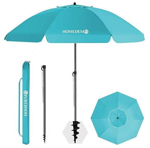 HOMEDEMO Sonnenschirm Strandschirm, Ø 180 cm Gartenschirm Marktschirm, Terrassenschirm mit Bodenhülse & Drehstange & Schutzhülle, Türkis rund Sonnenschutzschirm UV50+ Schutz