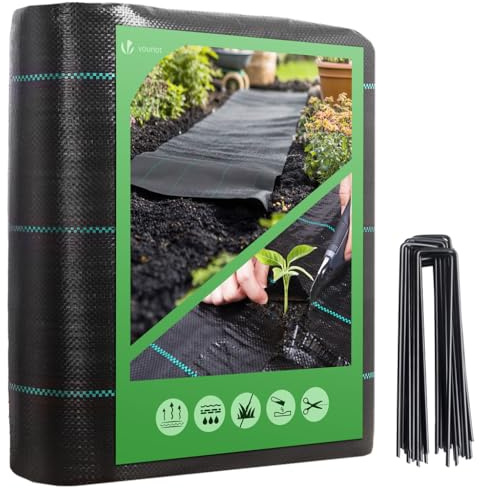 VOUNOT® Unkrautvlies 2x10m mit 30 Bodenanker, Reißfestes Gartenvlies Wasserdurchlässig, Mulchfolie für Garten, Hochbeet und Terrasse, Premium Unkrautfolie 100g/m²