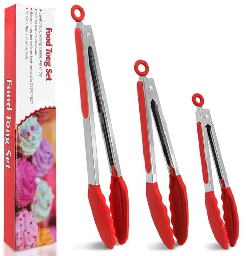 Küchenzange Edelstahl, 3er-Set Grillzange Kochzange mit Silikonspitze, Verriegelbare Metallzange Fleischzange Brotzange zum Kochen Grillen 21cm, 27cm, 34cm Lange Zange Küche (Rot)