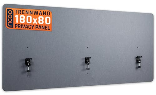 RICOO ZAP1880-G Akustik Trennwand Schreibtisch 180 x 80cm Sichtschutz Schreibtisch Trennwand Filz Pinnwand Grau Geräuschdämmung Akustik Diffusor Schallschutz Büro Tischtrennwand mit Tischklemme