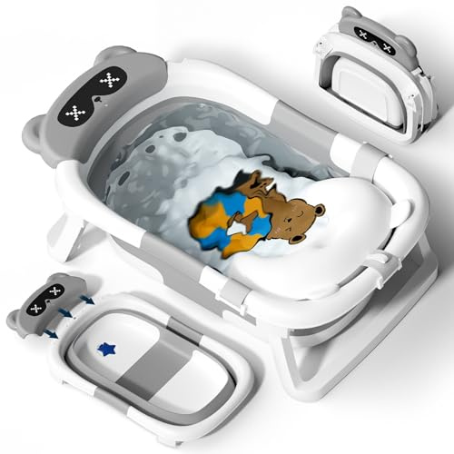 COOSEYA Baby Badewanne für 0-18 Monate, Faltbare Babybadewanne mit Weichem Polster und Temperaturempfindlichem Ablassventil, Ideale Babywanne für Neugeborene, Bär - Design (Grau)