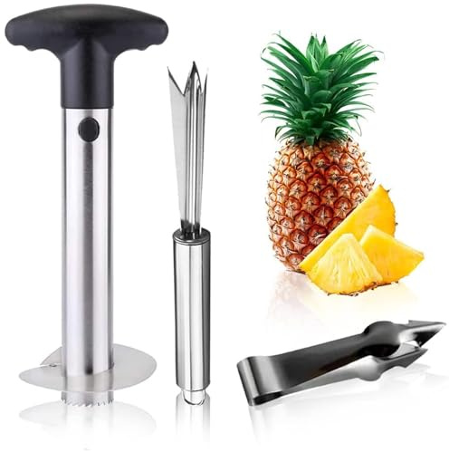 3er Set Ananasschneider Delmkin AnanasschäLer Edelstahl Pineapple Cutter für Küche mit Erdbeestrunkentferner