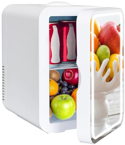 YU YUSING Mini Kühlschrank mit LED Spiegel 8 Liter, Kosmetik Kühlschrank mit LED Licht Make-Up Spiegel, 12V/220V Retro Klein Skincare Fridge Kühl/Heizfunktion für Autos Büros Schlafzimmer Schlafsäle
