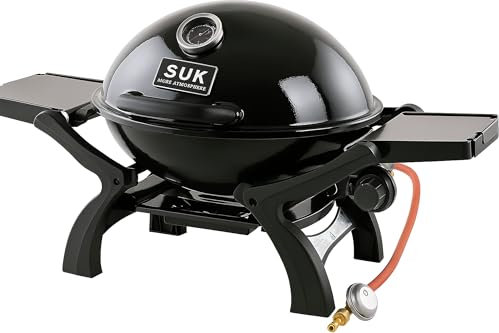 SOUK ONE Tisch-Gasgrill Manhattan – mobiler Tischgasgrill (Black) mit Gusseisenrost (oval 48x36 cm), 3,5 kW Leistung, klappbare Ablagen & Thermometer – BBQ Grill für Balkon, Camping & Outdoor