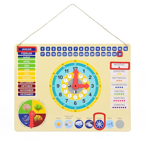 oqono Lernuhr aus Metall mit Magneten für Kinder, Kalenderuhr, farbenfrohe Lerntafel, Wochentage, Wetter, Monate und Jahreszeiten.