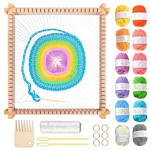 BORDEAG Webrahmen für Kinder, Holz Webrahmen Set mit 12 Farbe Strickfaden, Webrahmens aus Holz Kinder-Webrahmens für Anfänger Erwachsene Profis(25 x 28cm)