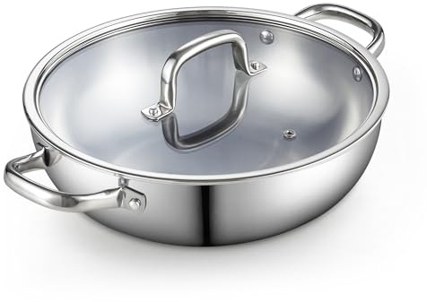 Cook N Home Dreilagiger Edelstahl-Wok, 30,5 cm, Induktions-Wok mit Deckel, flacher Boden, Wok-Rührpfanne, silberfarben