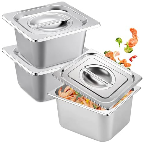 3 Stück Gastronormbehälter Edelstahl Panierschalen Panier-Set mit Deckel, Panierstraße Rechteckig, Behälter für die Küche, Stapelbar Panierset, 1/6 Größe 17.5x16.5x10 cm Tiefe Pfannen mit Deckel