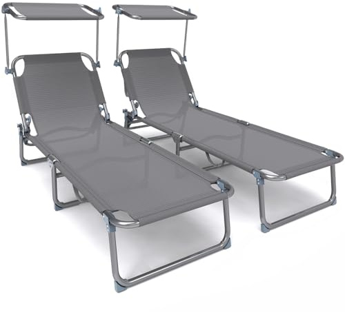 VOUNOT 2er Set Sonnenliege Klappbar, Gartenliege Strandliege mit Sonnenschutz und Verstellbarer Rückenlehne, Liegestuhl für Garten, Pool, Terrasse, Grau