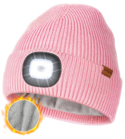 Wmcaps Mütze mit LED Licht, Wintermütze mit Dickem Warmen Futter, Integrierte Beleuchtete Type-C Wiederaufladbare Freihändige Stirnlampe, Geschenke für Männer Frauen, Rosa