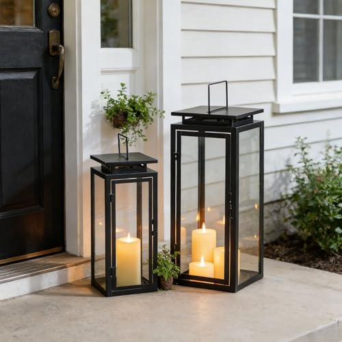 Staymoment Große Laterne für Draußen mit Abflussloch, XXL Gartenlaterne | 2er Set 42/55 cm, schwarz Windlicht outdoor, Laterne outdoor, Modern Deko für Balkon, Haustür, Gartendeko