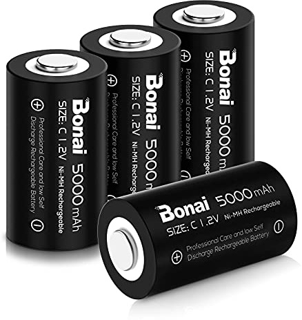 BONAI 4er Pack C Akku 5000mAh – Hohe Kapazität 1,2V NI-MH Baby Batterien wiederaufladbar, geringe Selbstentladung für LED-Taschenlampen, Spielzeug und Radio