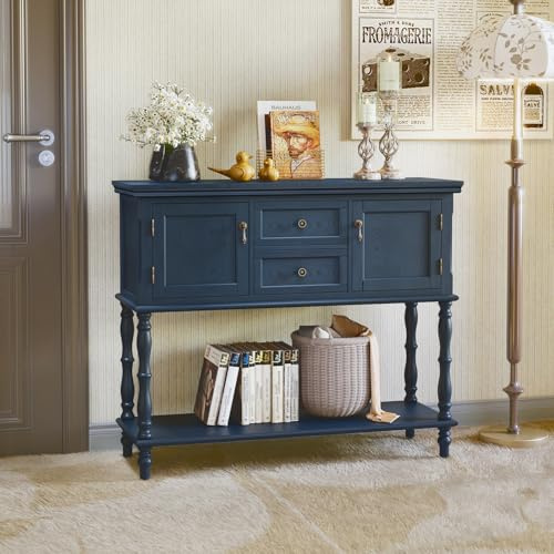 MROJISC Konsolentisch mit Schubladen und Stauschrank, Holz Blau Konsolentisch Schmal mit Schublade Konsolentische fürs Wohnzimmer, Eingang, Hausflur, Schlafzimmer