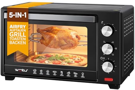 WOLTU Mini Backofen mit umluft, Pizzaofen 32 L, 100-230 °C, 0-60 Min. Timer | 1600 W, 5 Heizmodi, Doppelglastür, mit Drehspieß Backblech Grillrost Krümelblech Rostheber, Schwarz
