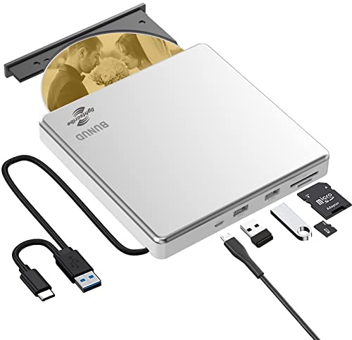 BUNUD Lightscribe CD/DVD Laufwerk für Mac: USB 3.0 Type C Externer DVD Brenner DVD-Laufwerk Extern mit SD/TF & 2 USB - Externes Laufwerke für Laptop Windows 11/10 MacBook PC iMac
