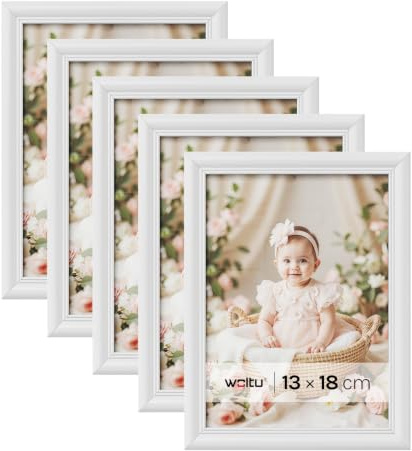 WOLTU Bilderrahmen 13x18, 5er set, Massivholz Fotorahmen mit Passepartout | Weiß, Front aus PS-Platte, Posterrahmen zum vertikalen oder horizontalen Aufhängen und Aufstellen, Collage Wanddeko