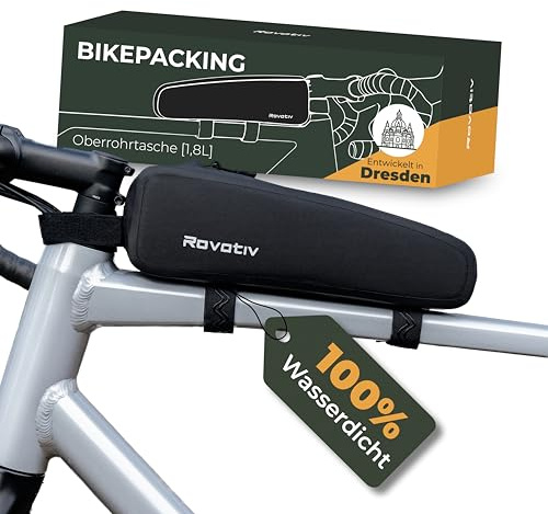 Rovativ® Bikepacking Oberrohrtasche [1,8 Liter] 100% Wasserdicht - Top Tube Bag - extra Fester Halt - Neuer Reißverschluss - für Gravelbike, Rennrad, MTB