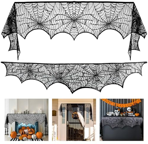 Wzone 45 x 248 cm Spinnennetz Halloween Kamindeko Schwarze Spitze Gruseliges Spinnennetz Gruselige Dekoration für Tür Karneval Halloween Party