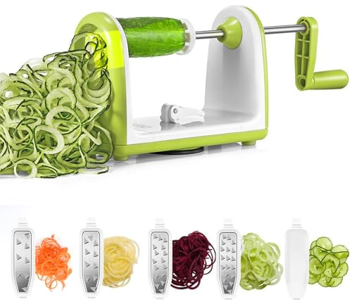 Spiralschneider Gemüse mit Behälter,Spiralschneider Hand für Gemüsespaghetti,Gemüseschneider Würfelschneider mit 5 Austauschbare Klingen Gemüsespaghetti Gemüsehobel für Karotte, Gurke, Zucchini