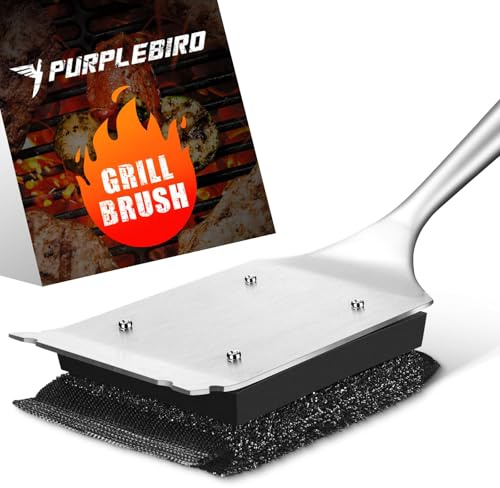 PURPLEBIRD Grillbürste Edelstahl 3-in-1 borstenfrei Holzgriff | Schaber + Bürste + Flaschenöffner. Keine Metallborsten. 16 Holzgriff, Ersatzköpfe. Für alle Grillarten.