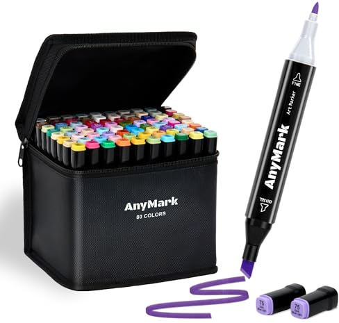 AnyMark Alkohol Marker, 80 Farben Alcohol Marker mit Meißel- & Feinspitzen | Künstler Stifte Set für Erwachsene zum Zeichnen, Illustrieren und Skizzieren, mit schwarzem Stiftkörper