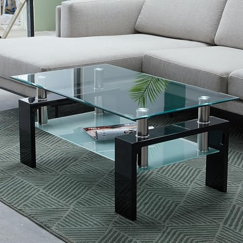 CLIPOP Couchtisch Rechteckig Beistelltisch aus Hartglas,Wohnzimmertisch Moderner Sofatisch mit Stauraum,Kaffeetisch Glastisch mit Unterer Ablage fürs Wohnzimmer Balkon Schlafzimmer,100 x 60 x 44 cm