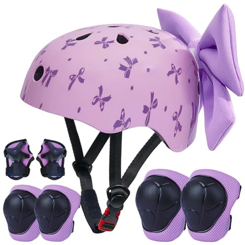 EllaSeek Kinder Fahrradhelm mit Schutzausrüstung für Mädchen 8-14 Jahre,Verstellbarer Skateboard Helm mit Knieschoner und Ellbogenschoner,Stoßfest mit süßer DIY-Schleife für Roller,Rad,Skaten