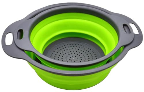 Faltbar Seiher,2er Silikon Sieb Platzsparend Küchensieb Klappbar Nudelsieb Zum Waschen von Obst und Gemüse, 2 Größe, mit Farbbox