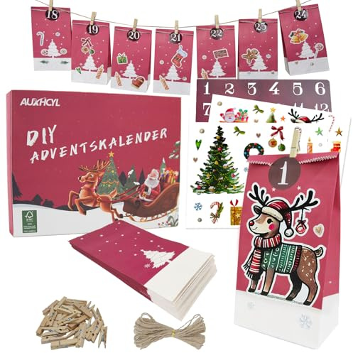 AUXHCYL Adventskalender zum Befüllen Tüten, 2025 Weihnachtskalender Selber Machen, 24 Pcs DIY Adventstüten Säckchen, Adventkalender Selber Basteln für Kinder & Erwachsene(Rot)