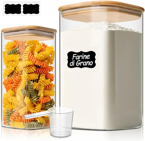 ComSaf Glasbehälter Vorratsgläser Eckig Groß für Küche 1,1/3,4 L, 2er Set | Vorratsdosen, Mehl, Reis, Cornflakes, Nudeln, Familienvorrat, Speisekammer und Vorratsschrank
