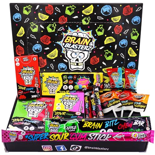 Brain Blasterz Sour Candy klein Geschenkbox, Brain Breakerz, Kauriegel, Lollipops, Sauerkergummi, Apfel, Erdbeere, Wassermelone, Cola, Zitrone, Orange, Halloween Süßigkeiten