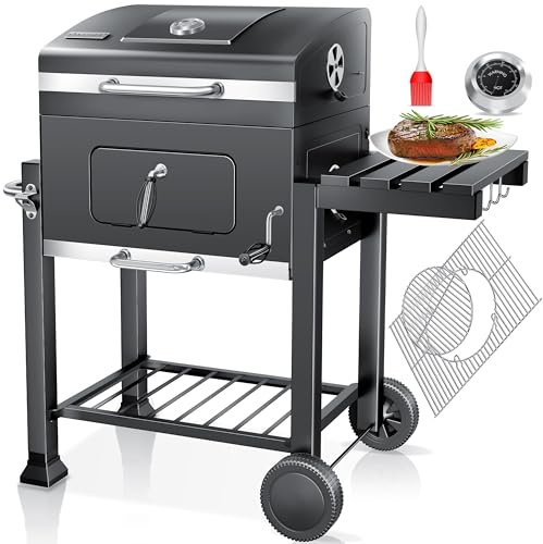 KESSER® Grill Grillwagen BBQ Smoker XL Holzkohlegrill mit Deckel, Rädern, Edelstahl-Griff, Grillrost, Thermometer, & Silikon-Pinsel, Standgrill, Kohlegrillwagen