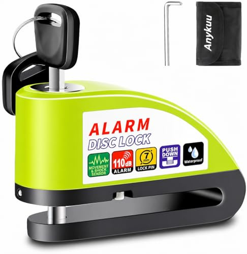 Anykuu Bremsscheibenschloss Motorradschloss Alarm 110 dB Laute Scheibenschloss Bremsschloss mit 1.5m Erinnerungskabel und Schlosstasche Alarmschloss Für 7mm Dick Bremsscheibe Motorrad Fahrrad