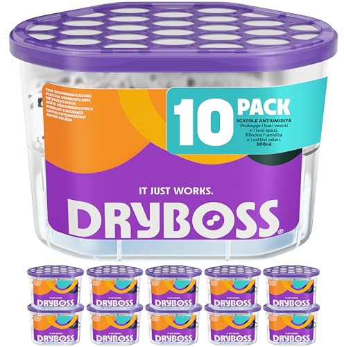 DRYBOSS Luftentfeuchter 10er Boxen-Pack – Raumentfeuchter mit Granulat ohne Strom – Feuchtentferner & Feuchtigkeitsentzieher für Keller, Fenster, Wohnwagen, Badezimmer – Humidity Absorber Dehumidifier
