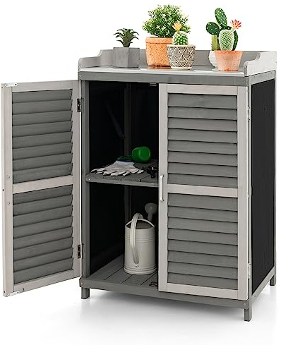 COSTWAY Gartenschrank Holz, Lagerschrank Garten, Holzschrank mit Metall-Platte & 2 Lagerregalen & aufrollbaren Türen, Geräteschrank Gerätehaus Geräteschuppen, Schuppen Schrank Terrasse Hinterhof, Grau