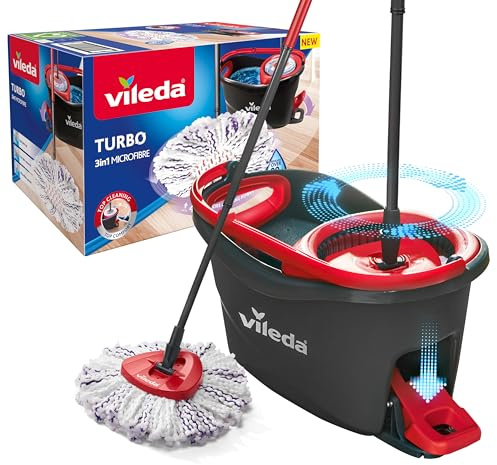 Vileda Turbo 3in1 Komplett-Set| Wischmopp mit Mikrofaser-Moppkopf gegen hartnäckigen Schmutz| Eimer mit Pedal-Schleuder -Für alle Böden| Entfernt 99 % der Bakterien,Teleskopstiel 85–123 cm |Mehrfarbig