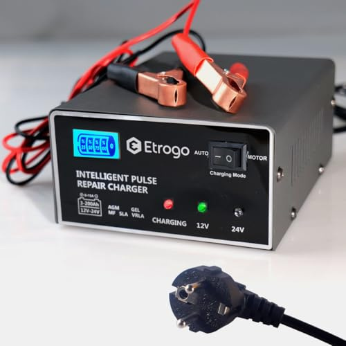 Etrogo Autobatterieladegerät Intelligentes 12V 24V 15A Schnellladegerät 5-Stufen-Pulsladegerät mit LED-Balkenanzeige für Auto,Motorrad,für Blei-Säure-Batterien (AGM, Gel, MF, EFB, SLA)