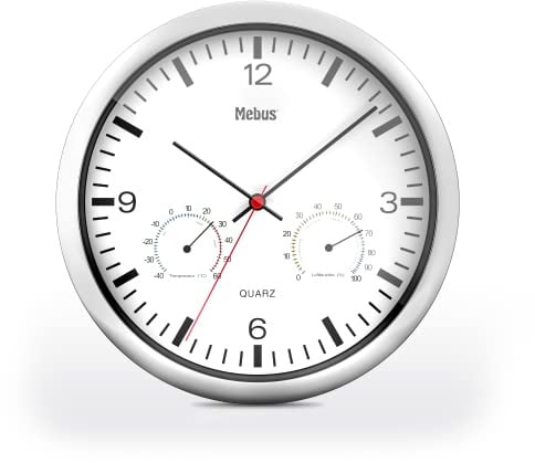 MEBUS Quarz-Wanduhr mit Thermometer und Hygrometer/silberner Rahmen/weißes Zifferblatt / 25cm Durchmesser/Rund/Modell: 56730 / Farbe: Silber, Weiß