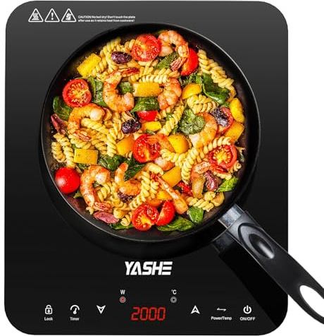 YASHE Induction Hob - Single Induction Hob, 10 Power Setting and 10 Temperature Levels, 2000W Induction Hob 1 Plate, 4-Hour Timer, Safety Lock, Mobile