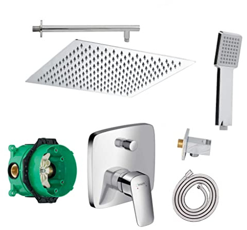 vanvilla Duschsystem mit Unterputz Duscharmatur von Hansgrohe Logis Einhebelmischer und vanvilla Regendusche mit Armatur, Duschkopf eckig, Dusch-SET HGE100 poliert