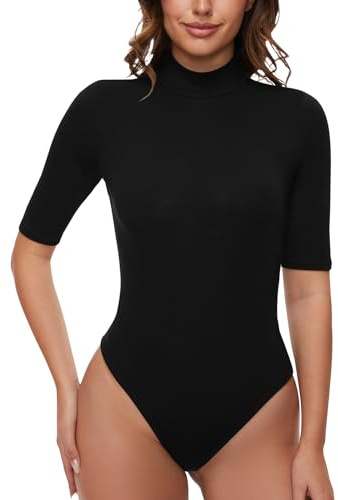 WOWENY Damen Body 1/2 Arm mit Stehkragen -Elegant Bodysuit Fleece Oberteile Shirts Rolli Pullover Rollkragen Pulli Für Alltag,Schwarz,XL