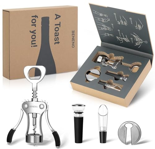 Korkenzieher Weinöffner Set, Beneno Weinzubehör-Geschenkset, Korkenzieher-Flaschenöffner mit Folienschneider, Wein-Vakuumverschluss, Weinbelüfter-Ausgießer, Das perfekte Geschenk von Weinliebhabern