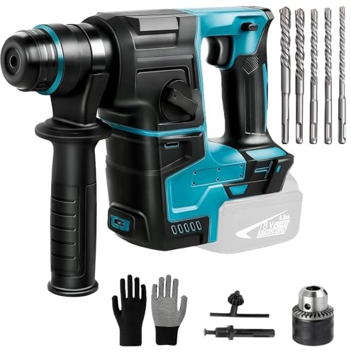 Agrdeed 2,2 J Akku Bohrhammer Kompatibel mit Makita 18V, Schlagbohrmaschine mit 8 Stück Bohrer und Handschuhe, 1400 U/min, 4200 BPM, Bürstenloser Bohrhammer zum Hammerbohren, Meißeln(ohne Akku)