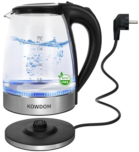 Kowdom Wasserkocher Glas 1,8L aus Borosilikatglas – 2200W Schnellkochautomatik mit blauer LED-Beleuchtung – BPA-frei, automatische Abschaltung & Trockenschutz – 360°-Sockel für Familie & Tee