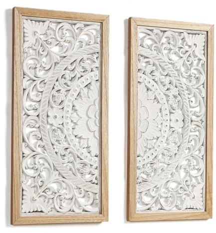 JUJOYBD 2er Set Groß Wandbild 57x57cm, Geschnitztes Holz Ornament Shabby Weiß, Bohostyle Wanddeko für Wohnzimmer, Flur & Büro, Hängend oder Stehend