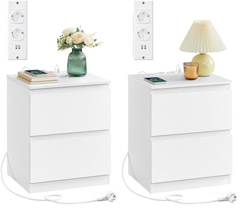 VASAGLE Nachttisch mit Steckdosenleiste, 2er Set, Beistelltisch, 2 Schubladen, 2 AC-Steckdosen, 2 USB-A-Anschlüsse, Wohnzimmer Schlafzimmer, modern, wolkenweiß LET821W02